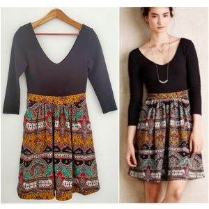 Maeve Anthropologie Black Boho Paisley 3/4 Slv Dress
